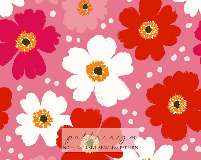 Bold Pink Floral Seamless Pattern – Red White Flowers, Cute Retro Spring Print for Fabric & Digital Design