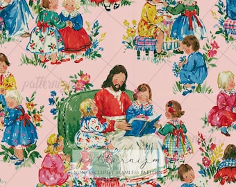 Seamless Christmas Jesus Pattern Digital Download – Religious Children Bible Design, Vintage Faith Story Print, Whimsical Fabric Kids Crafts