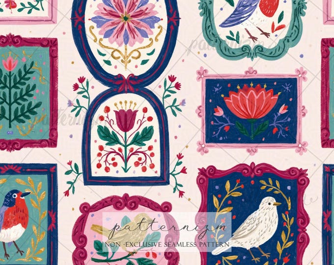 Vintage Folk Art Gallery Seamless Pattern Digital Download – Framed Floral Bird Print for Fabric & Wallpaper
