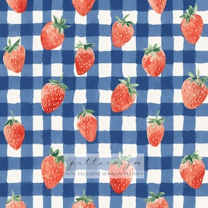 Pode incluir: Padrão sem costura com morangos vermelhos e caules verdes sobre um fundo xadrez azul e branco. Os morangos estão espalhados pelo padrão. O texto "patternizm" e "NON-EXCLUSIVE SEAMLESS PATTERN" estão na parte inferior.