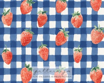 4. Juli Erdbeer-Muster zum nähen - Rot-Weiß-Blaue Gingham-Beeren, Vaterländischer Picknick-Stoff, Americana Summer Design