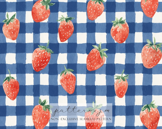 Seamless 4th of July Strawberry Pattern Digital Download – Red White Blue Gingham Berries, Patriotic Picnic Fabric, Americana Summer Design