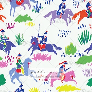 May include: A seamless pattern with vibrant illustrations of riders on horseback, set against a white background. The design incorporates brushstroke-style elements in blue, red, green, and pink, with the text "patternizm" and "NON-EXCLUSIVE SEAMLESS PATTERN".