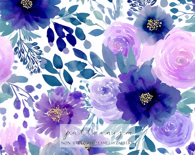 Watercolor Floral Seamless Pattern Digital Paper – Purple and Lavender Flowers with Leaves for Elegant Craft & Design Projects
