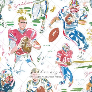 May include: A seamless pattern featuring watercolor illustrations of American football players in red and blue uniforms holding brown footballs. The design includes various players in action poses on a white background with the text patternizm.