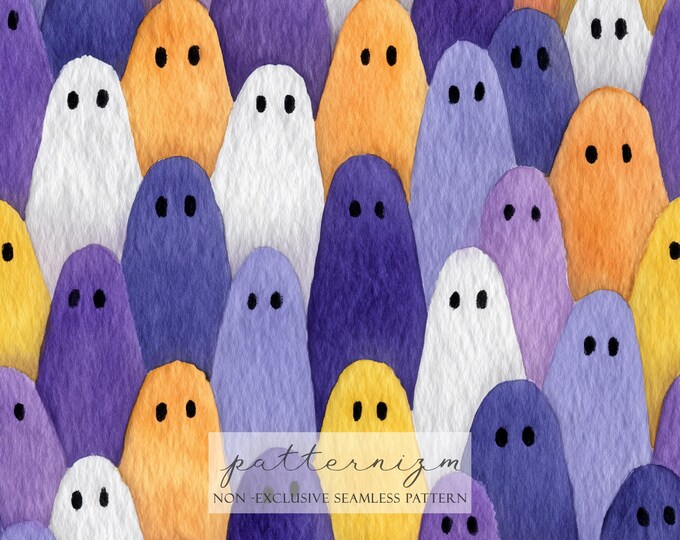 Watercolor Ghost Seamless Pattern – Cute Multicolor Halloween Ghosts in Pastel Purple, Yellow, and Orange for Spooky Fun Decor