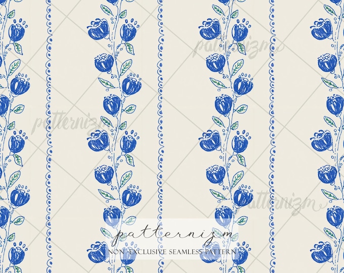 Blue Floral Stripe Pattern, Vintage Botanical Seamless Design, Classic Cottage Fabric, Elegant Flower Stripe