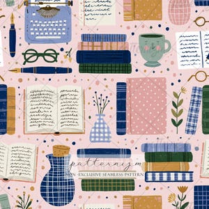 May include: A seamless pattern on a light pink background featuring illustrations of blue typewriters, stacks of books in various colors, open journals with handwritten text, green spectacles, fountain pens, a blue checkered vase, and a tea cup.