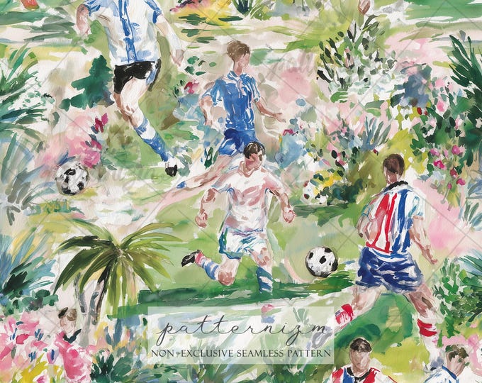 Seamless Soccer Player Pattern Digital Download – Artistic Football Scene Design, Tropical Sports Illustration Fabric Print