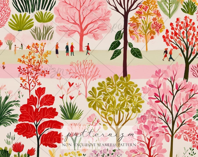 Seamless Pastel Park Scene Pattern Digital Download – Whimsical People & Spring Tree Landscape Design, Aesthetic Garden Fabric