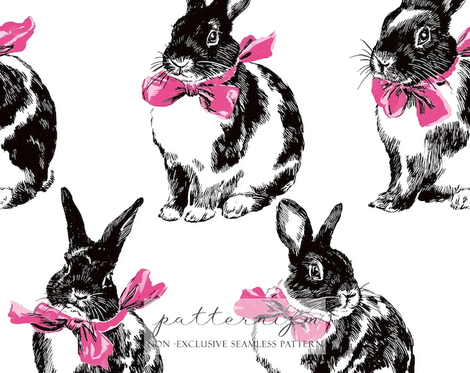 Vintage Bunny Seamless Pattern – Cute Rabbits with Pink Bows Black and White Illustration Digital Paper for Crafts & Fabric