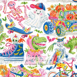 May include: A seamless pattern featuring watercolor illustrations of pink skeletons on skateboards, ghosts in baseball caps, monster trucks with pumpkins, green dinosaurs in pink capes, and skeletons riding bicycles, all on a white background.