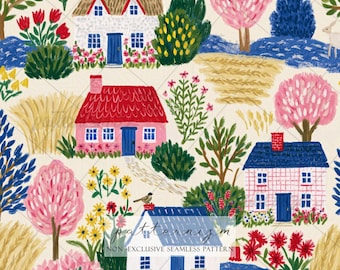 Pastel Cottage Village Seamless Pattern Digital Download – Whimsical Countryside Floral Print for Fabric & Wallpaper