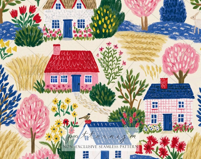 Pastel Cottage Village Seamless Pattern Digital Download – Whimsical Countryside Floral Print for Fabric & Wallpaper