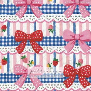 May include: A repeating pattern featuring pink bows with white polka dots, red bows with white polka dots, strawberries, and floral accents. The background includes blue gingham and pink and white stripes. The text "patternizm" and "NON-EXCLUSIVE SEAMLESS PATTERN" is visible.