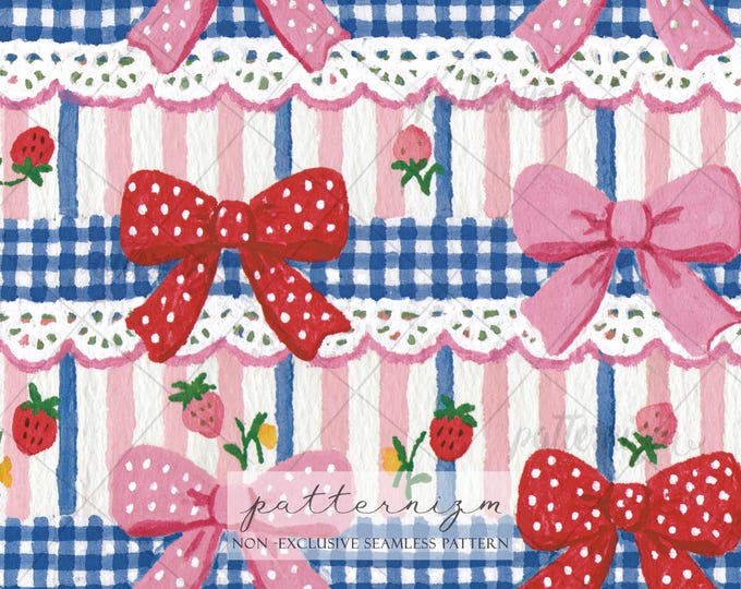 Seamless Coquette Strawberry Bow Pattern Digital Download – Pink Gingham Ribbon Print, Cute Cottagecore Fabric & Girly Decor