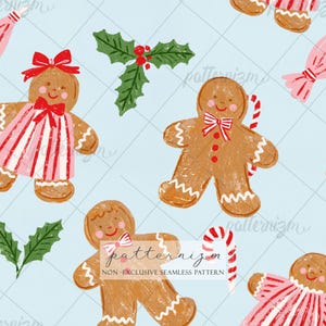 May include: A seamless pattern on a light blue background featuring gingerbread figures, green holly leaves with red berries, and red and white candy canes. Some gingerbread figures wear pink and white striped dresses with red bows.