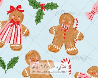 Gingerbread Seamless Pattern Digital Download, Christmas Cookies Candy Canes Pink Bows Holly Holiday Design
