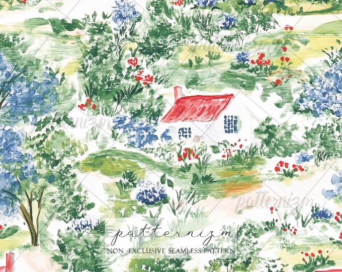Seamless Cottagecore Village Pattern Digital Download – Whimsical Countryside Houses & Garden Landscape, Storybook Floral Fabric