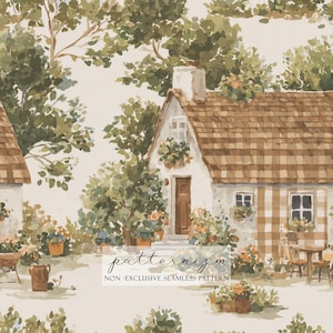Op de afbeelding: Waterverfillustratie van een schilderachtig huisje met een bruin pannendak, omgeven door weelderig groen en bloempotten. De afbeelding heeft een zacht kleurenpalet en de tekst "patternizm" en "NON - EXCLUSIVE SEAMLESS PATTERN".