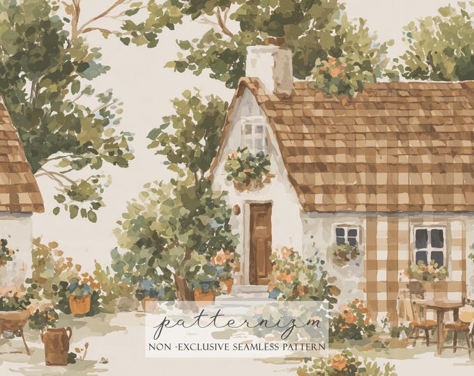 Watercolor Cottage Village Seamless Pattern – Cozy Country Houses and Garden Plants, Digital Paper for Fabric & Crafts