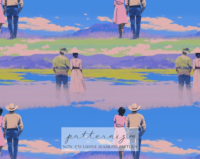 Pastel Cowboy Couple Seamless Pattern – Retro Lovers Walking in Desert Landscape, Soft Western Digital Paper for Decor & Crafts