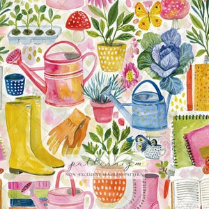 May include: A watercolour seamless pattern featuring gardening items including yellow rain boots, pink and blue watering cans, potted plants, orange gloves, a cabbage, a butterfly, mushrooms, notebooks, and a fork on a light background.