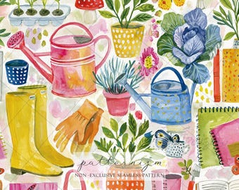 Seamless Garden Tools Pattern Digital Download – Cottagecore Watering Can & Rain Boot Design, Spring Botanical Print, Whimsical Design