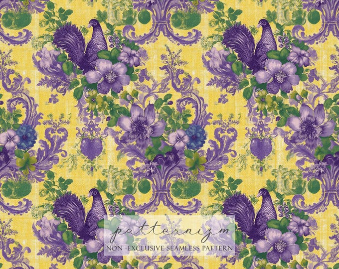 Vintage Mardi Gras Floral Seamless Pattern - Purple Yellow Green - Background - Scrapbook - Journal - Digital Paper Download - Trending Now