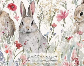 Seamless Wildflower Bunny Pattern Digital Download – Watercolor Rabbit in Spring Meadow, Cottagecore Easter Fabric Print