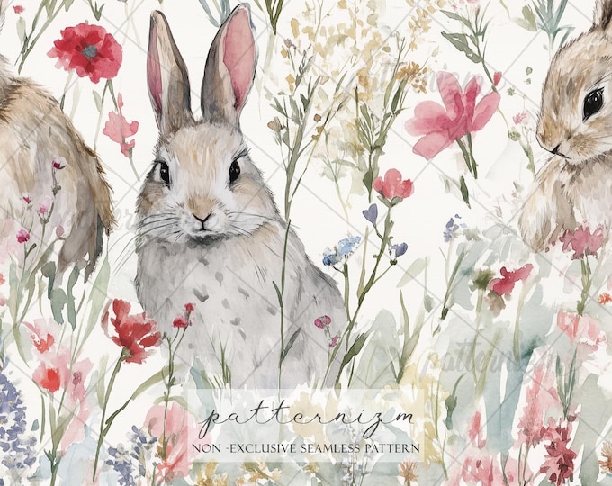 Seamless Wildflower Bunny Pattern Digital Download – Watercolor Rabbit in Spring Meadow, Cottagecore Easter Fabric Print