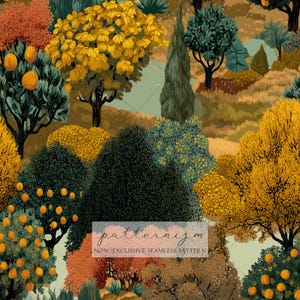 Könnte beinhalten: Ein nahtloses Muster mit einer stilisierten Gartenszene mit Bäumen und Blättern in Grün-, Gelb-, Orange- und Brauntönen. Das Bild enthält Bäume mit Orangenfrüchten und den Text "patternizm NON EXCLUSIVE SEAMLESS PATTERN".