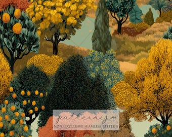 Seamless Autumn Orchard Pattern Digital Download – Orange Fruit Tree and Cypress Design, Mediterranean Garden Fabric Print