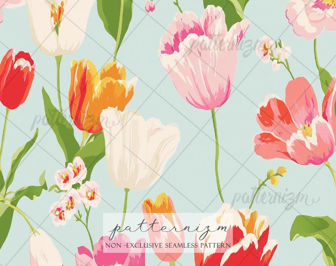 Seamless Painterly Tulip Pattern Digital Download – Whimsical Spring Flower Design, Colorful Floral Fabric for Nursery & Crafts