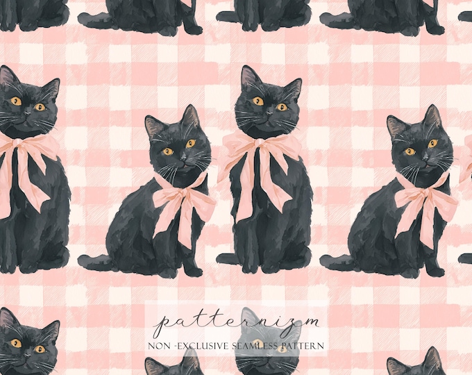 Watercolor Black Cat Pattern Digital Paper – Cute Kitten with Pink Bow on Gingham, Seamless Animal Design for Fabric & Crafts