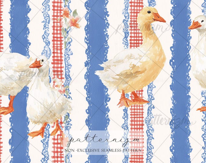 Seamless Patriotic Goose Pattern Digital Download – Cute Silly Goose Americana Design, Red Blue Stripe Farm Animals, 4th of July Fabric
