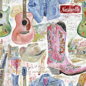 May include: Watercolor illustration featuring country music elements. Includes guitars, cowboy boots, a cowboy hat, and denim jackets. The word "Nashville" is displayed on a red sign. The background is filled with handwritten script.