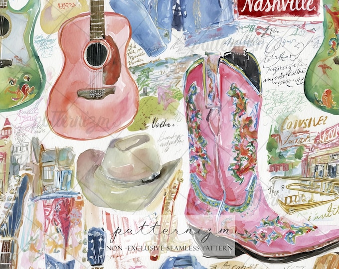 Seamless Nashville Western Pattern Digital Download – Cowboy Boots, Guitars and Southern Icons