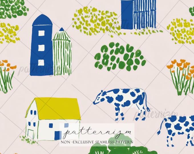 Rustic Farmhouse Seamless Pattern – Barn, Silo & Cow Countryside Repeat