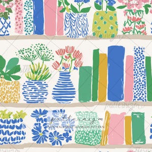 Download digital de molde sem costura para estante de livros – Design encantador com livros e vaso de flores, tecido artístico para bibliotecas, ideal para professores e leitores.