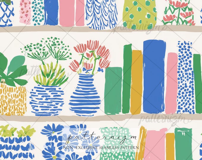Seamless Bookcase Pattern Digital Download – Whimsical Books & Flower Vase Design, Library Art Fabric for Teachers and Readers