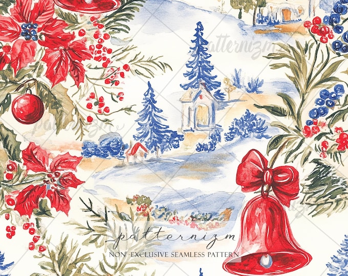 Seamless Christmas Bell Pattern Digital Download – Red Bows, Poinsettia & Snowy Village, Whimsical Holiday Fabric for Festive Decor
