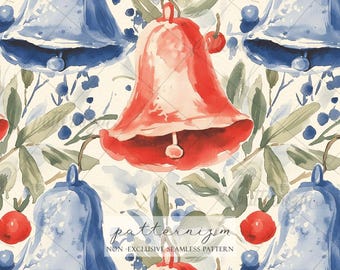 Watercolor Christmas Bells Seamless Pattern Digital Download – Holiday Bell Print, Vintage Winter Fabric Design