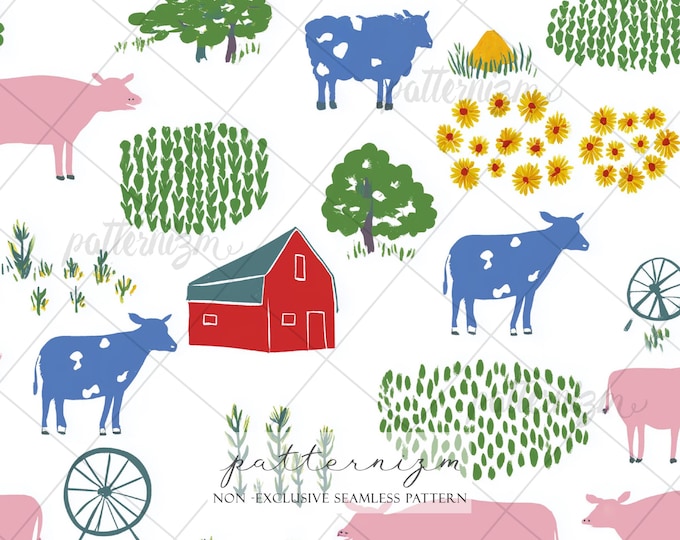 Farm Landscape Pattern Digital Download – Cows Barn Fields Seamless Design, Rustic Countryside Illustration, Cottage Farm Print
