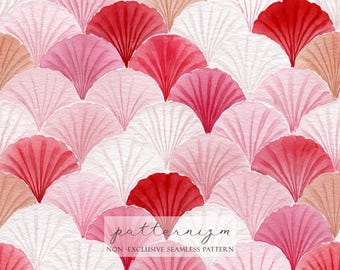 Watercolor Scallop Seamless Pattern – Elegant Red and Pink Wave Motif for Fabric, Wallpaper, Digital Paper & Oriental Decor
