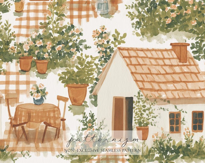 Watercolor Cottage House Pattern Digital Paper – Cozy Garden Homes and Greenery, European Seamless Design