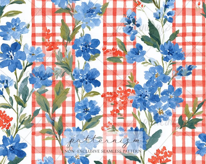 Seamless Patriotic Floral Pattern Digital Download – 4th of July Americana Gingham & Blue Wildflower Design, Cottagecore Fabric