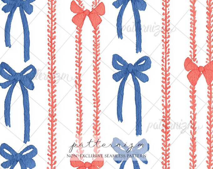 4th of July Patriotic Seamless Pattern - Red White Blue Ribbon Bows Digital Download, Independence Day Fabric Design, Coquette Nautical Art