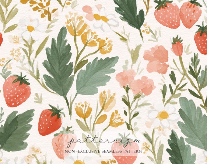 Watercolor Strawberry Pattern Digital Paper – Cottagecore Strawberries with Wildflowers, Seamless Botanical Design for Fabric