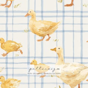 May include: A repeating pattern featuring yellow ducks set against a white backdrop with a blue plaid design. The ducks are depicted in a watercolour style. The text "patternizm" and "NON - EXCLUSIVE SEAMLESS PATTERN" are at the bottom.